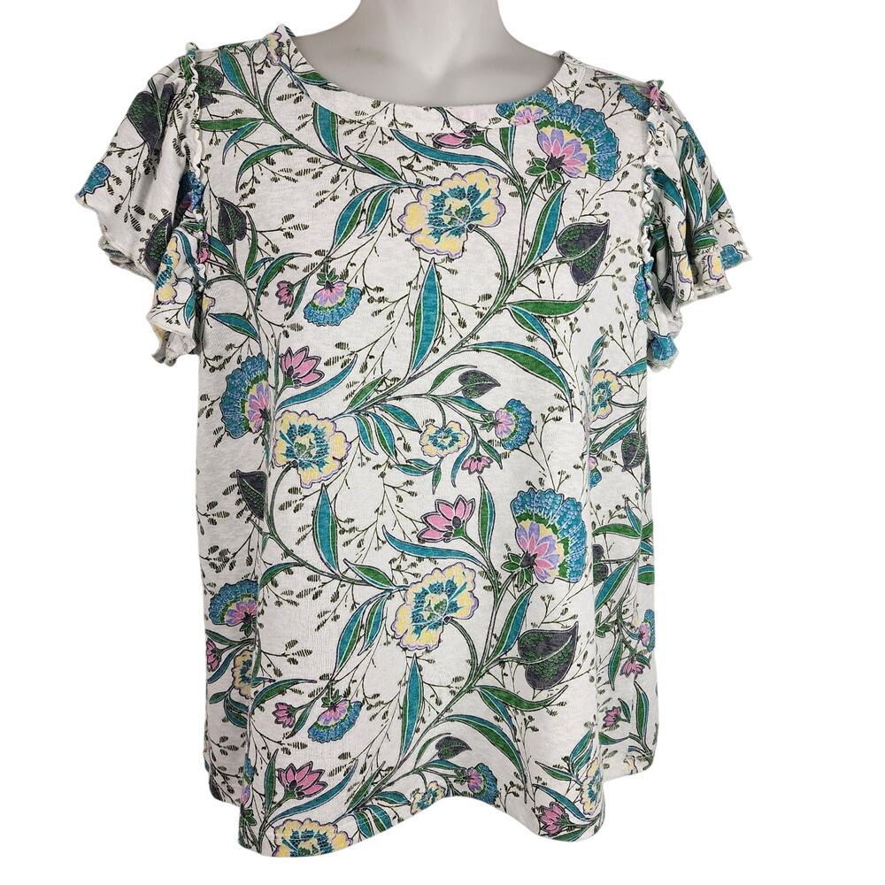Ann Taylor LOFT Womens Floral Top Ruffled Flutter Tiered Short Sleeve M Feminine